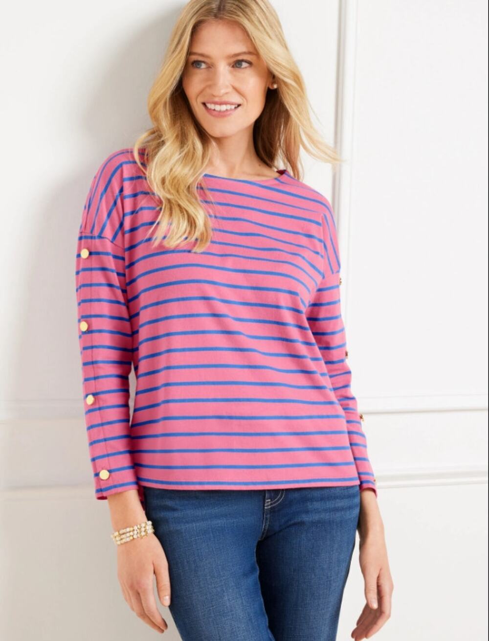 Talbots Size XS Pink Blue Striped 3/4 Sleeve Boat Neck Bateau Cotton T-Shirt